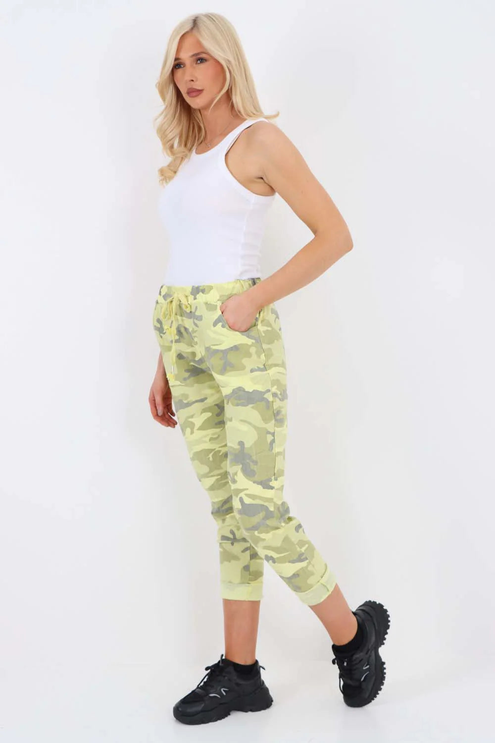 Italian Drawstring Camo Side Pockets Trousers - Yellow