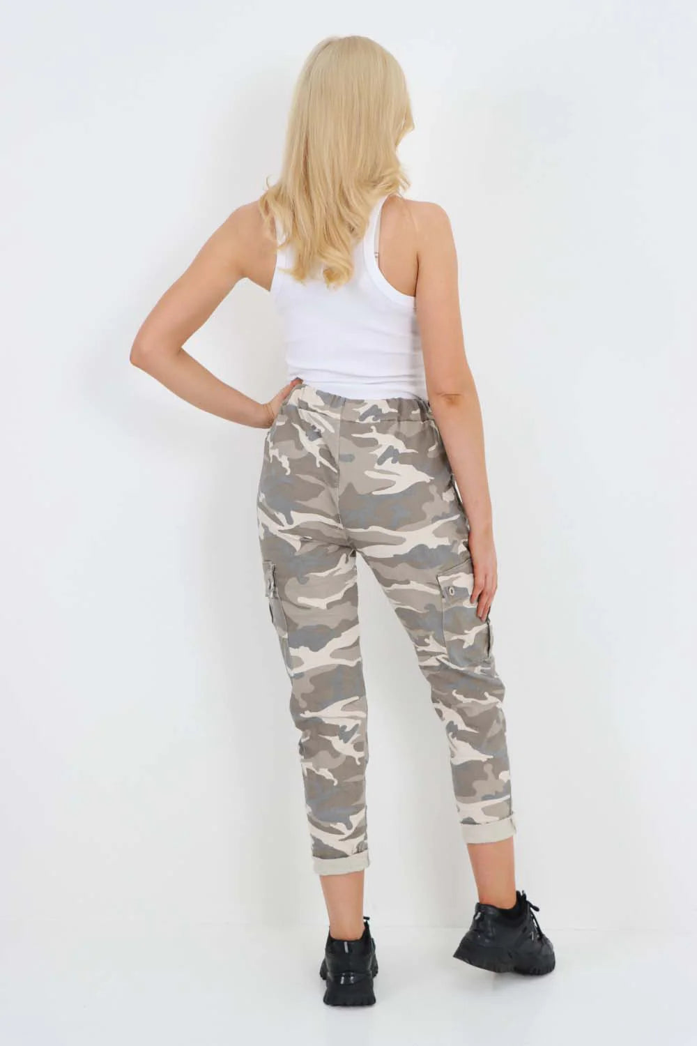 Italian Drawstring Camo Side Pockets Cargo Trousers - Beige