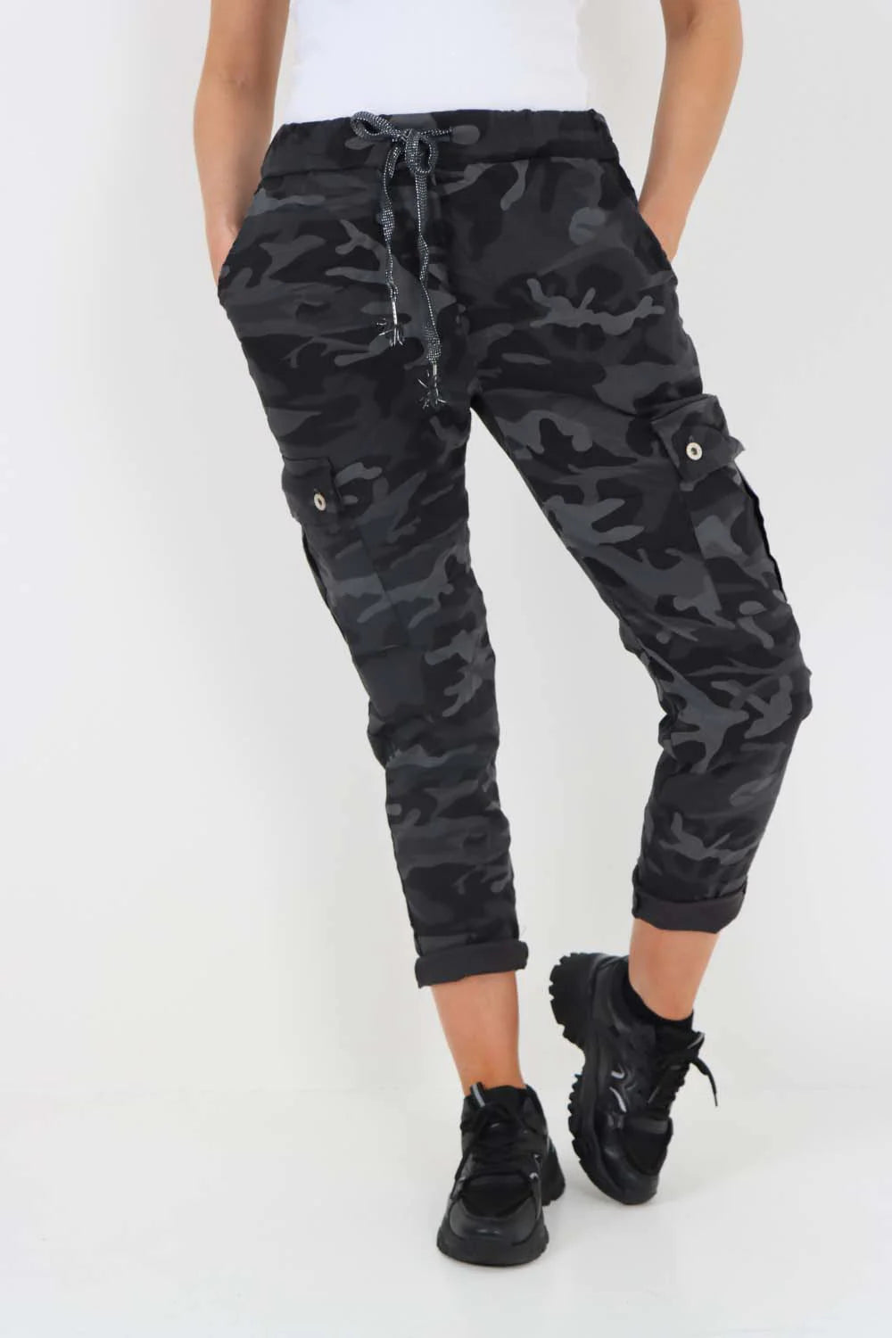 Italian Drawstring Camo Side Pockets Cargo Trousers - Black