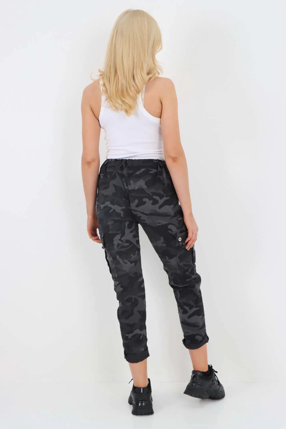 Italian Drawstring Camo Side Pockets Cargo Trousers - Black