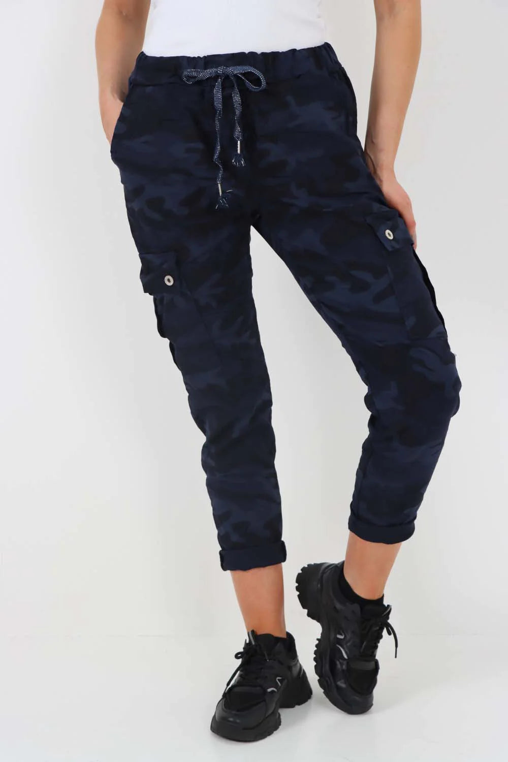 Italian Drawstring Camo Side Pockets Cargo Trousers - Blue