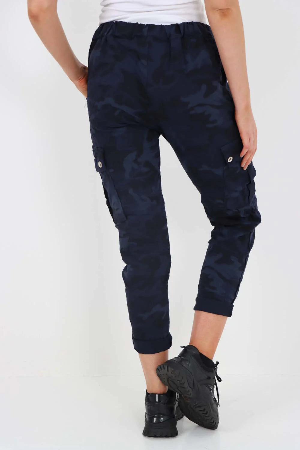 Italian Drawstring Camo Side Pockets Cargo Trousers - Blue