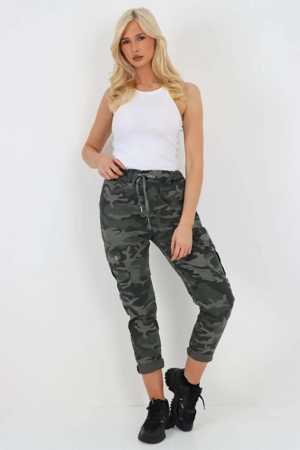 Italian Drawstring Camo Side Pockets Cargo Trousers - Charcoal