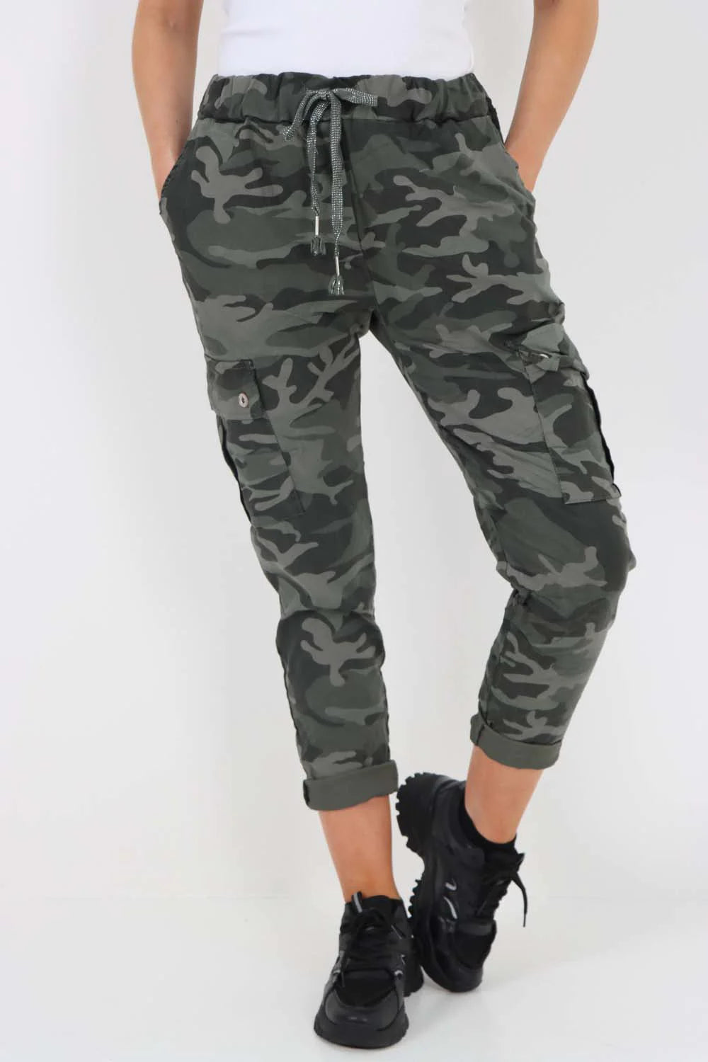 Italian Drawstring Camo Side Pockets Cargo Trousers - Charcoal