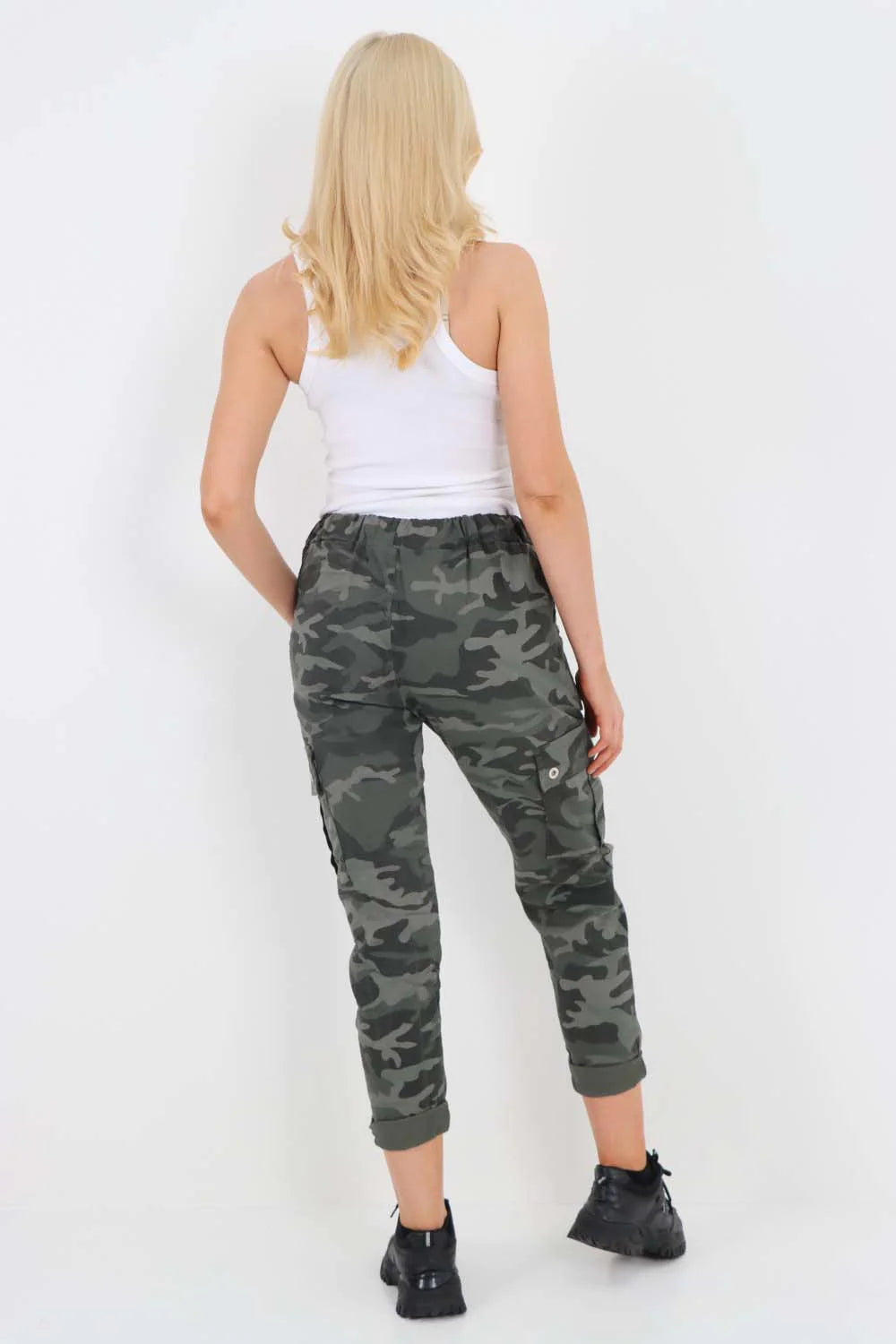 Italian Drawstring Camo Side Pockets Cargo Trousers - Charcoal