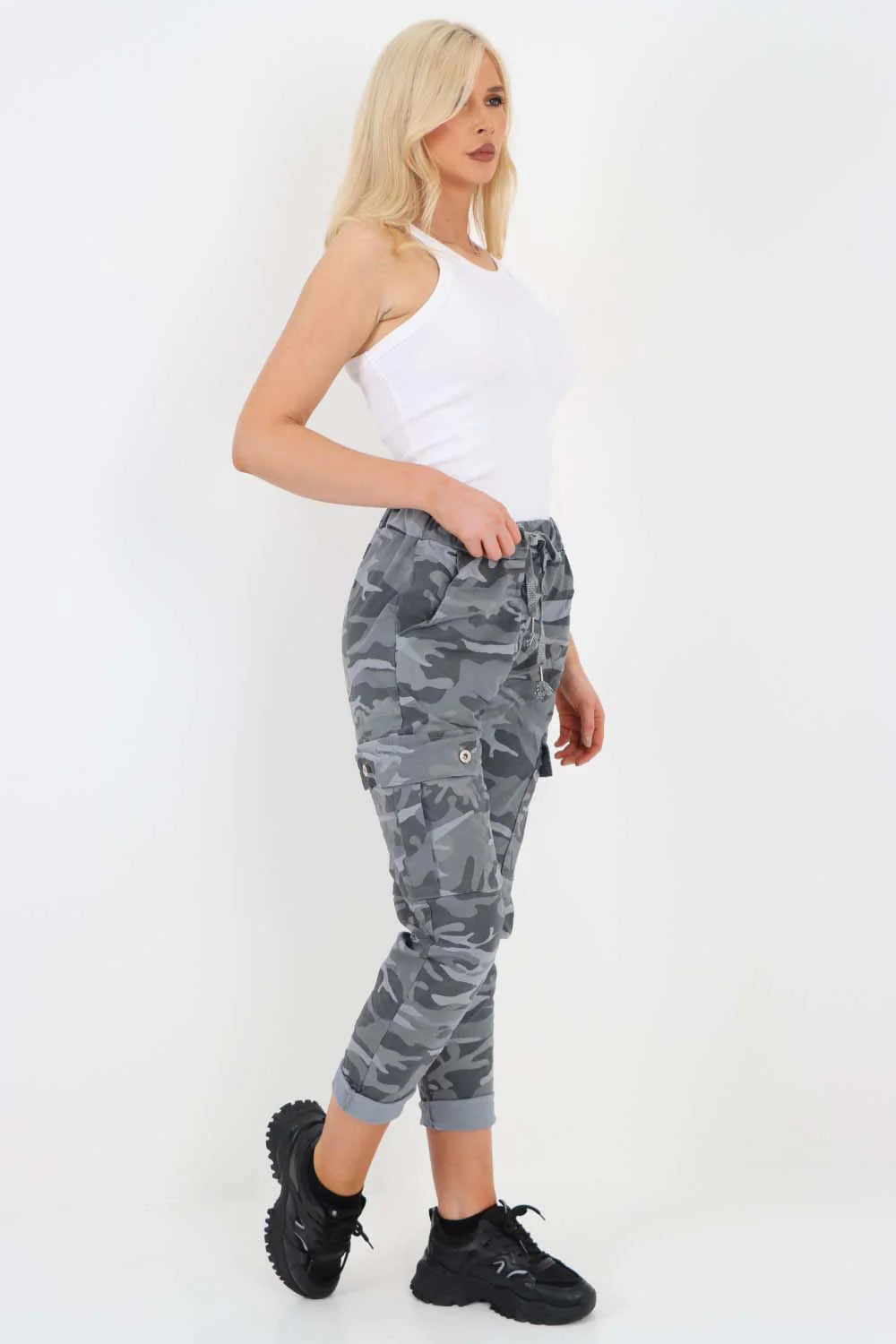 Italian Drawstring Camo Side Pockets Cargo Trousers - Denim Blue