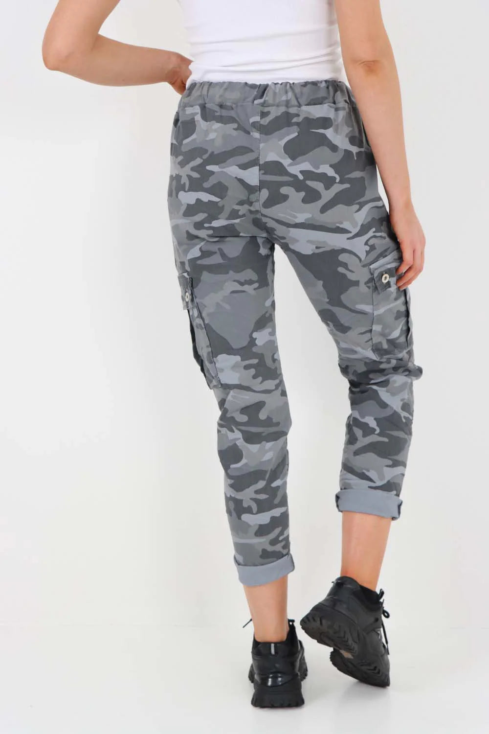 Italian Drawstring Camo Side Pockets Cargo Trousers - Denim Blue