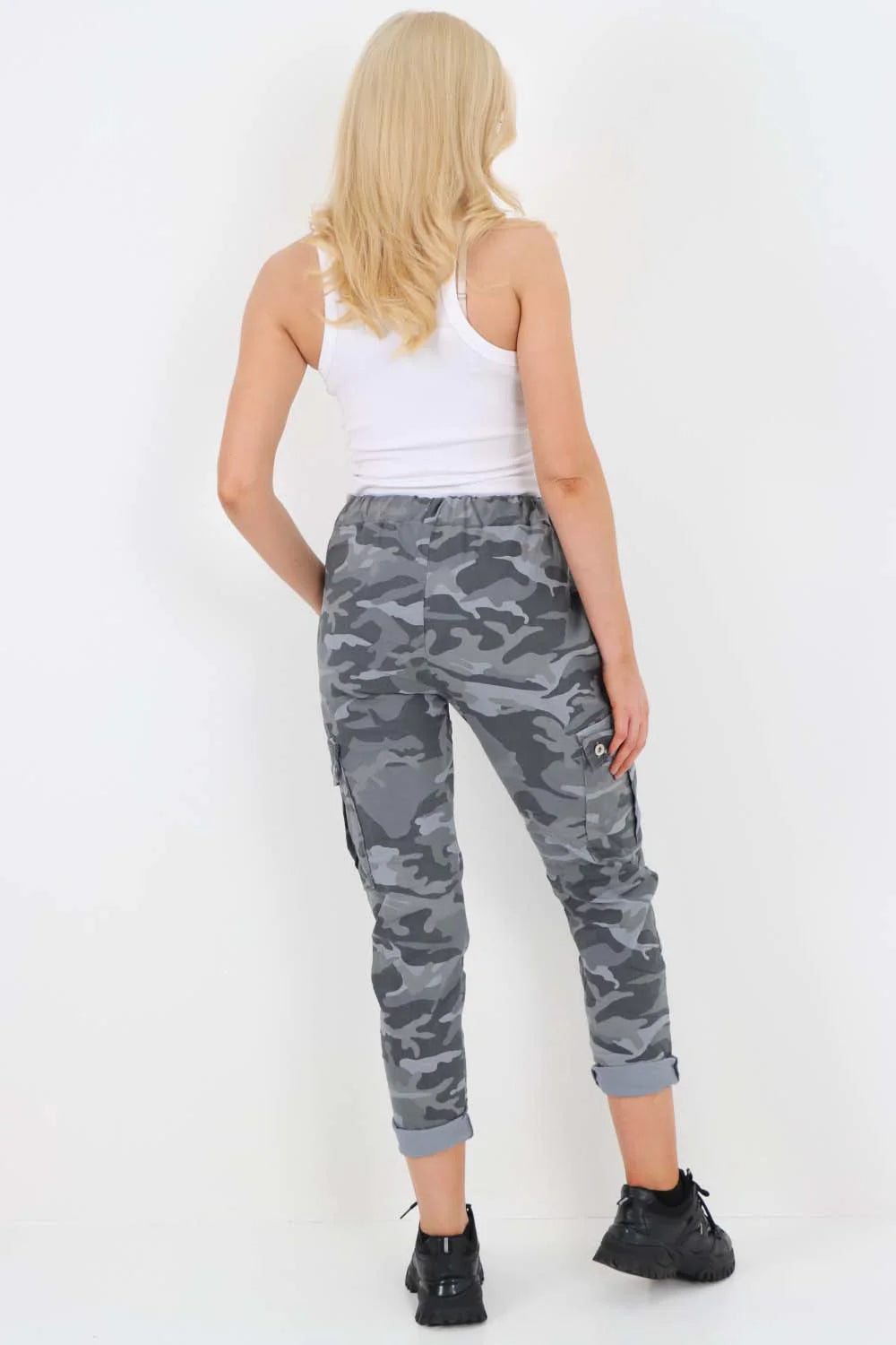 Italian Drawstring Camo Side Pockets Cargo Trousers - Denim Blue