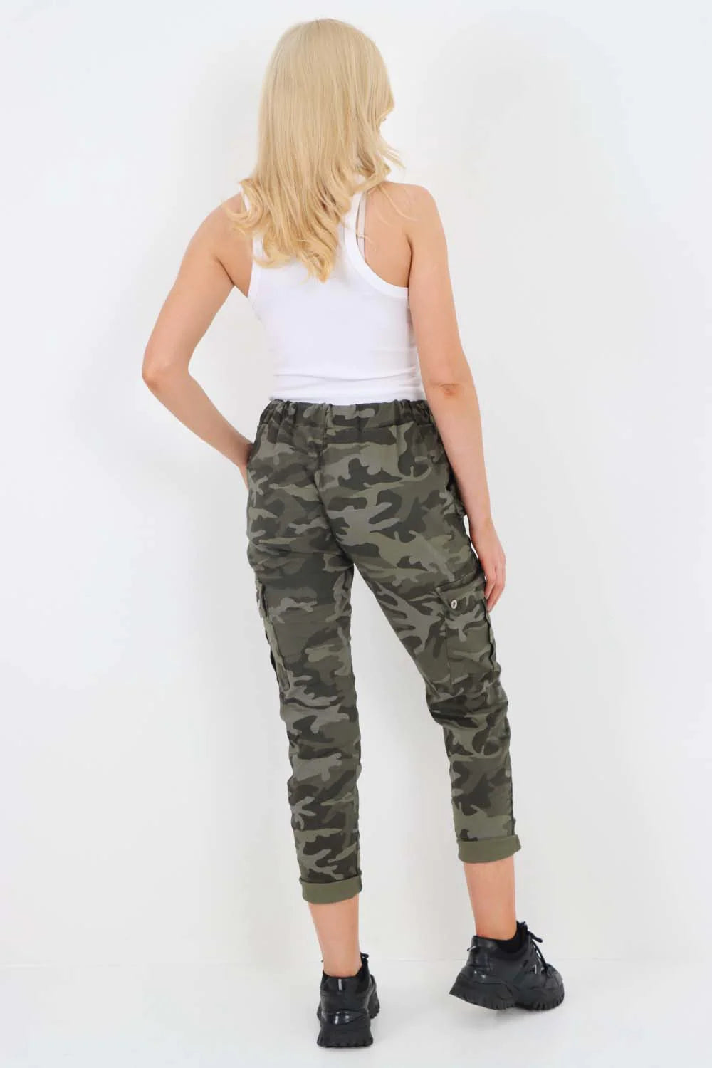 Italian Drawstring Camo Side Pockets Cargo Trousers - Khaki