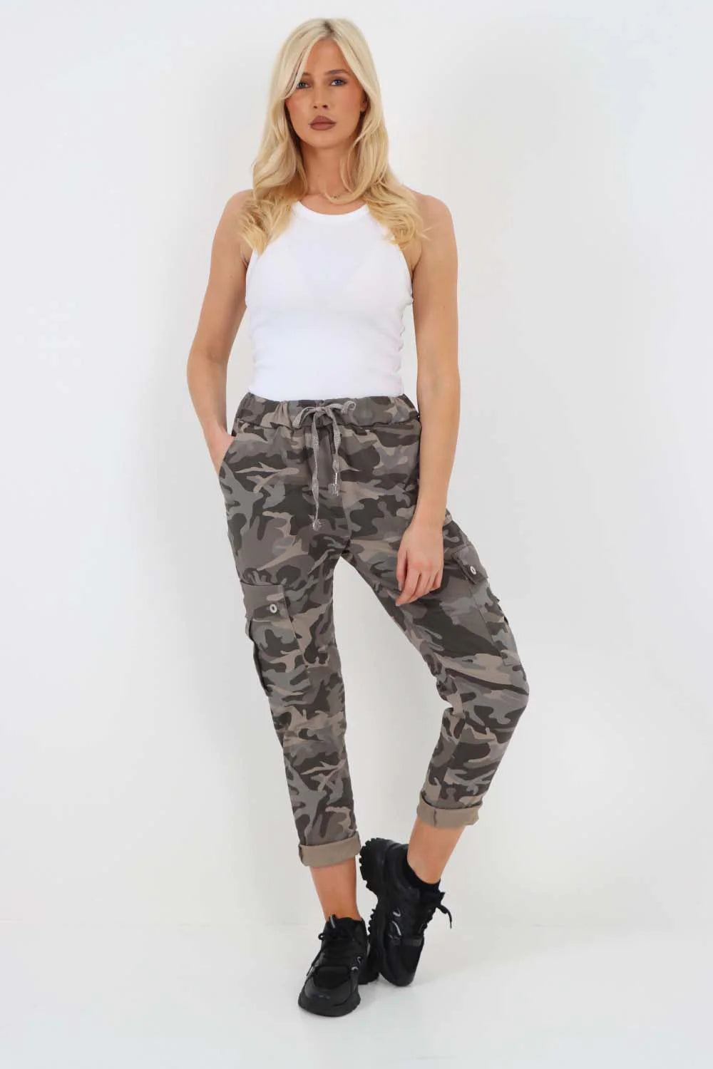 Italian Drawstring Camo Side Pockets Cargo Trousers - Mocha