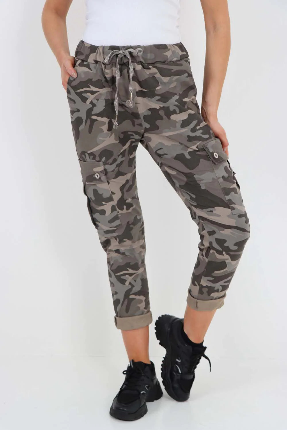 Italian Drawstring Camo Side Pockets Cargo Trousers - Mocha