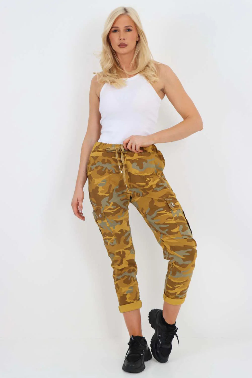 Italian Drawstring Camo Side Pockets Cargo Trousers - Mustard