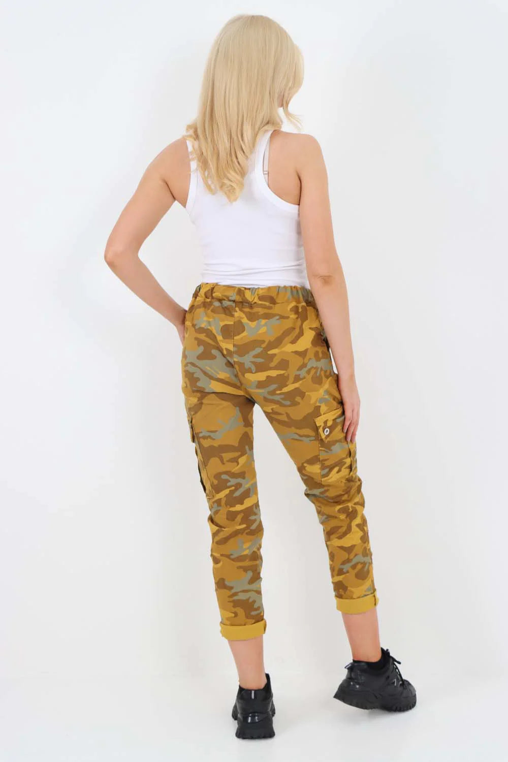 Italian Drawstring Camo Side Pockets Cargo Trousers - Mustard