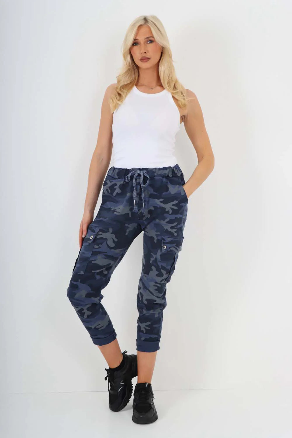 Italian Drawstring Camo Side Pockets Cargo Trousers - Navy Blue