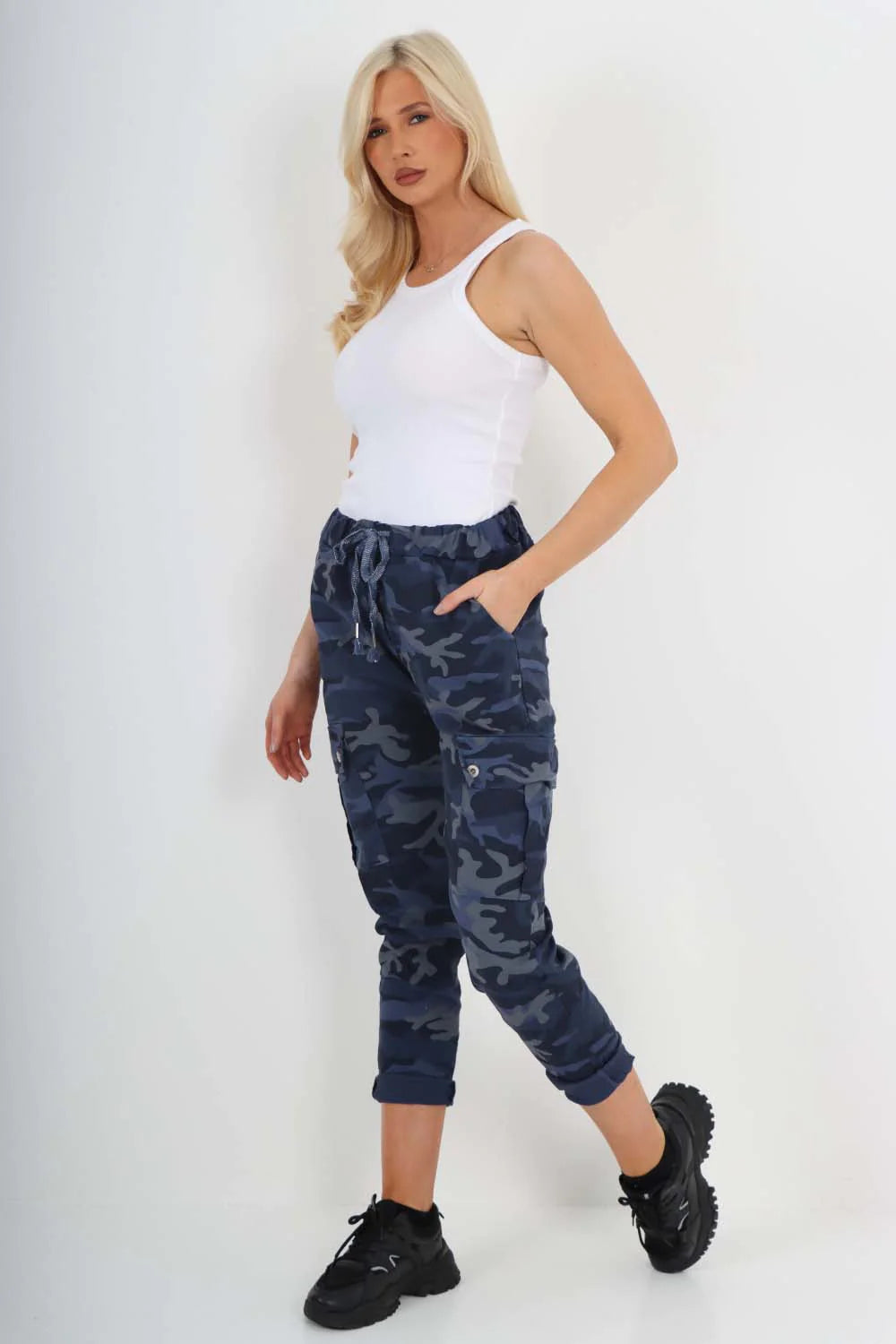 Italian Drawstring Camo Side Pockets Cargo Trousers - Navy Blue