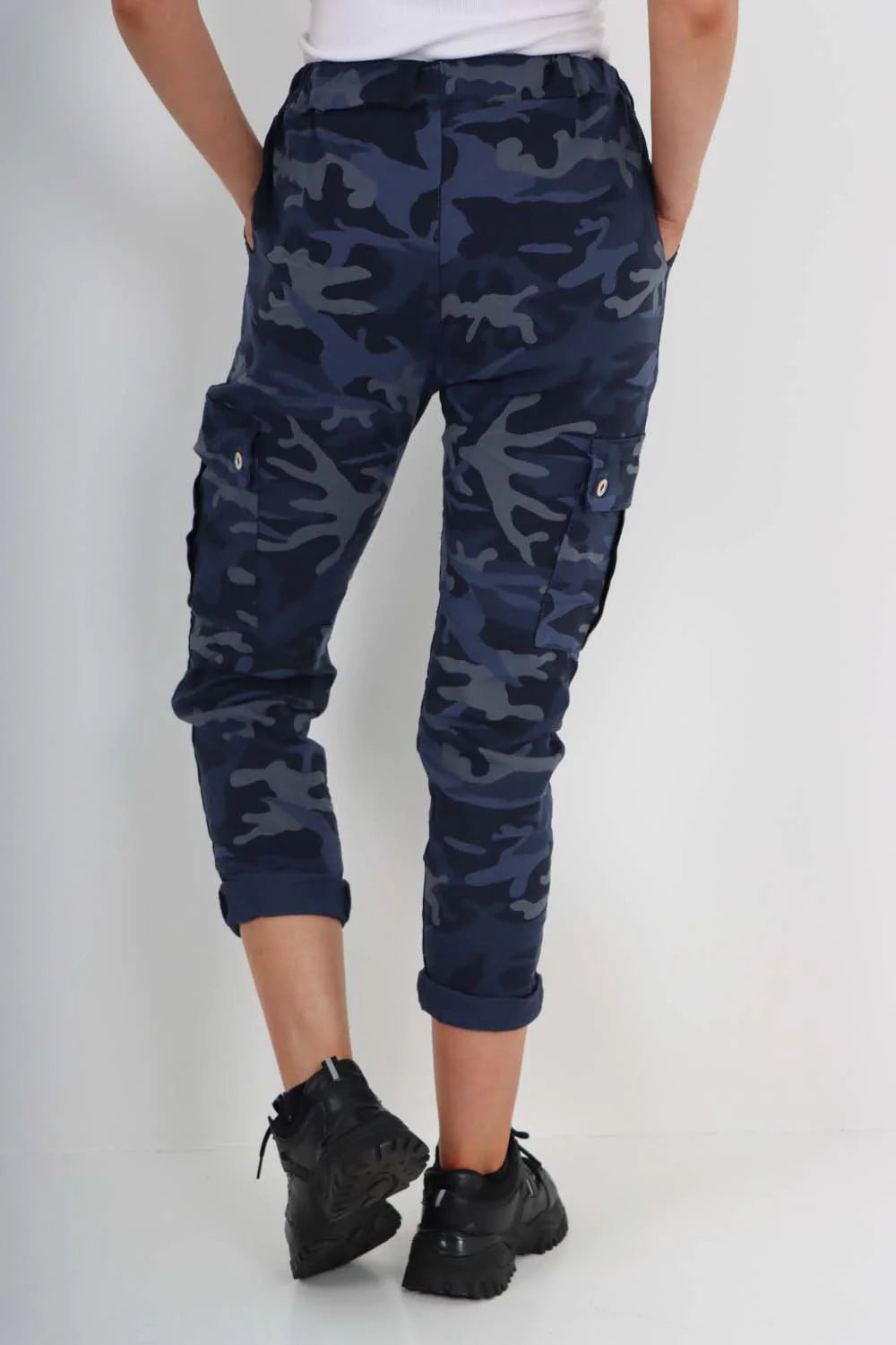 Italian Drawstring Camo Side Pockets Cargo Trousers - Navy Blue