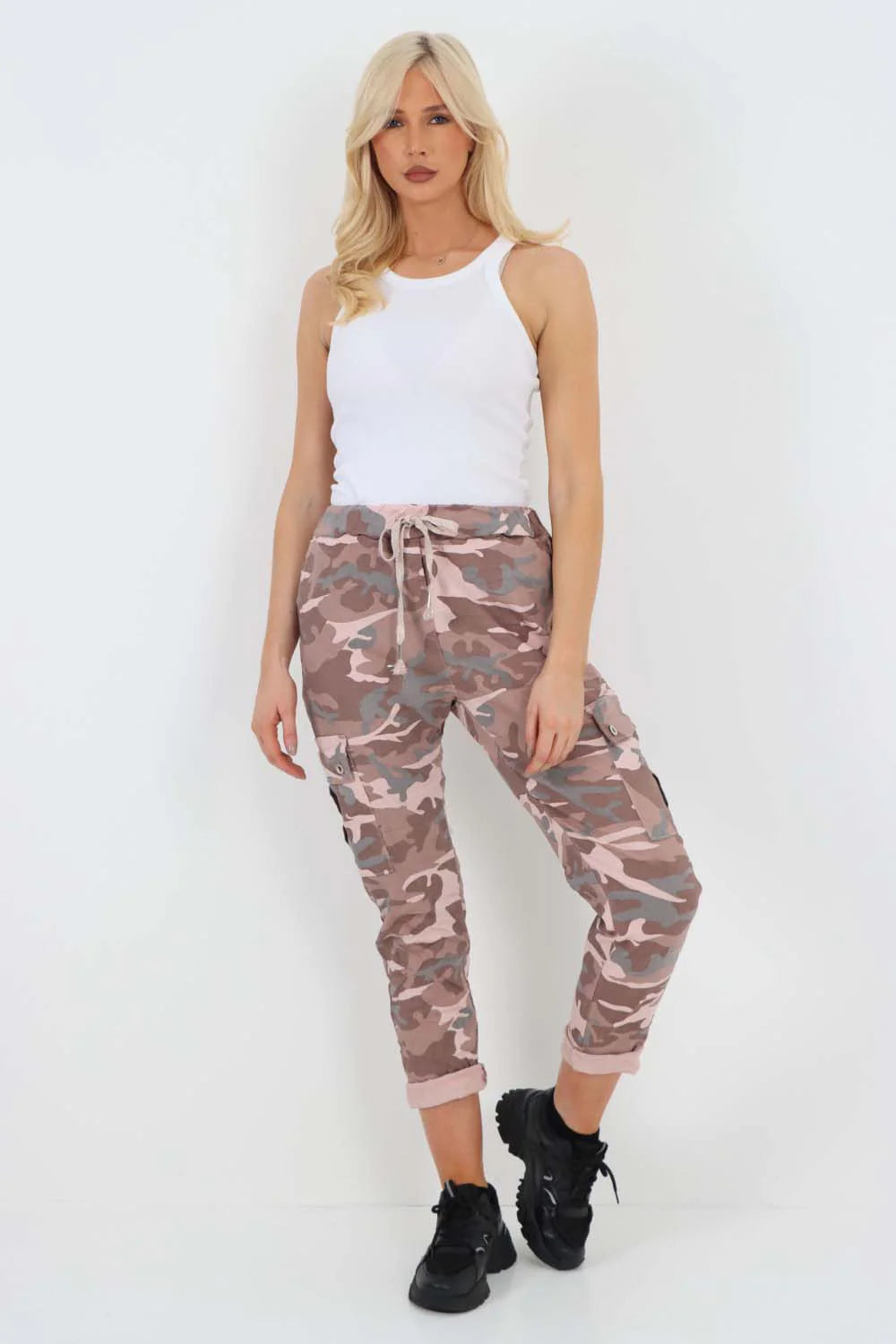 Italian Drawstring Camo Side Pockets Cargo Trousers - Pink