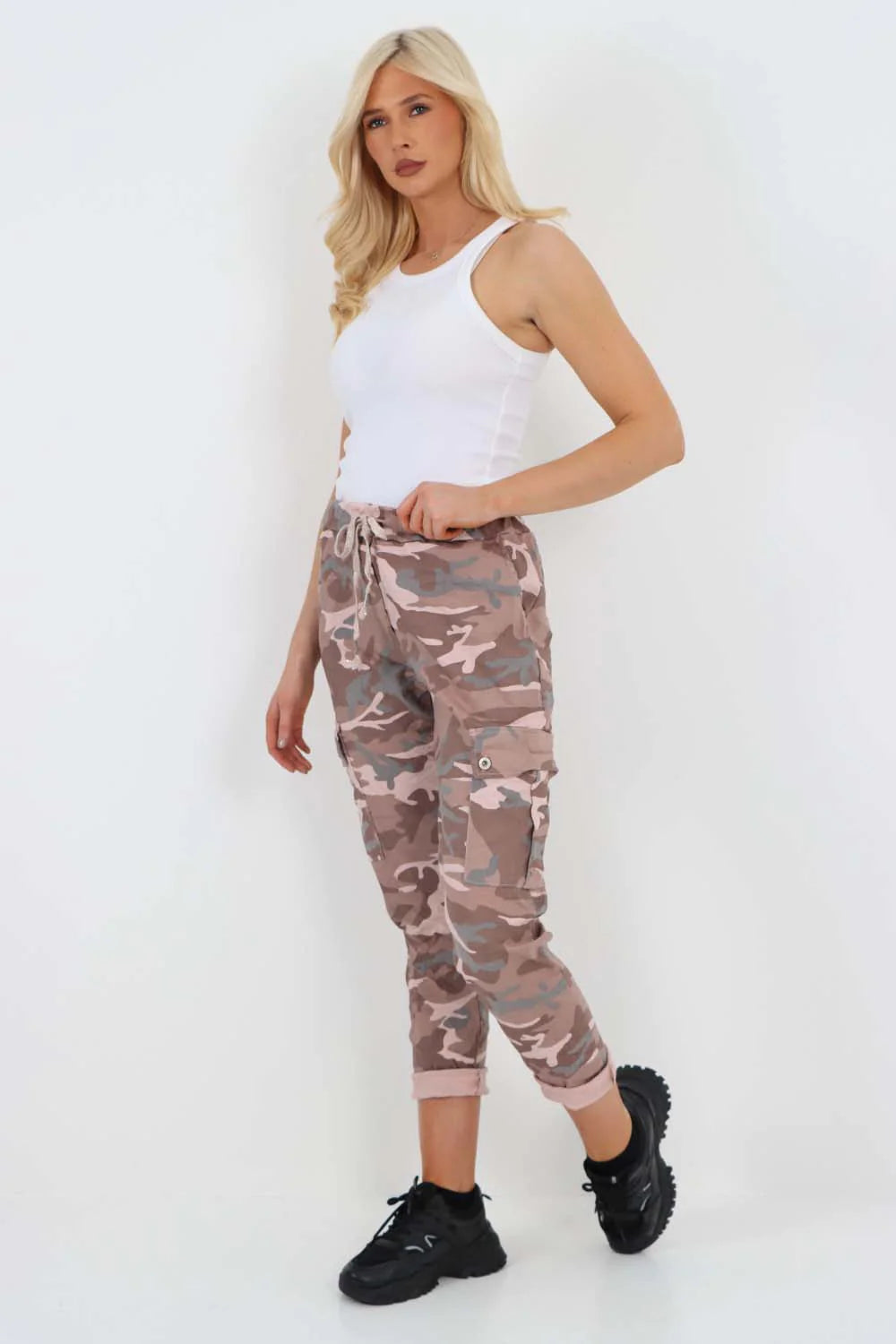 Italian Drawstring Camo Side Pockets Cargo Trousers - Pink