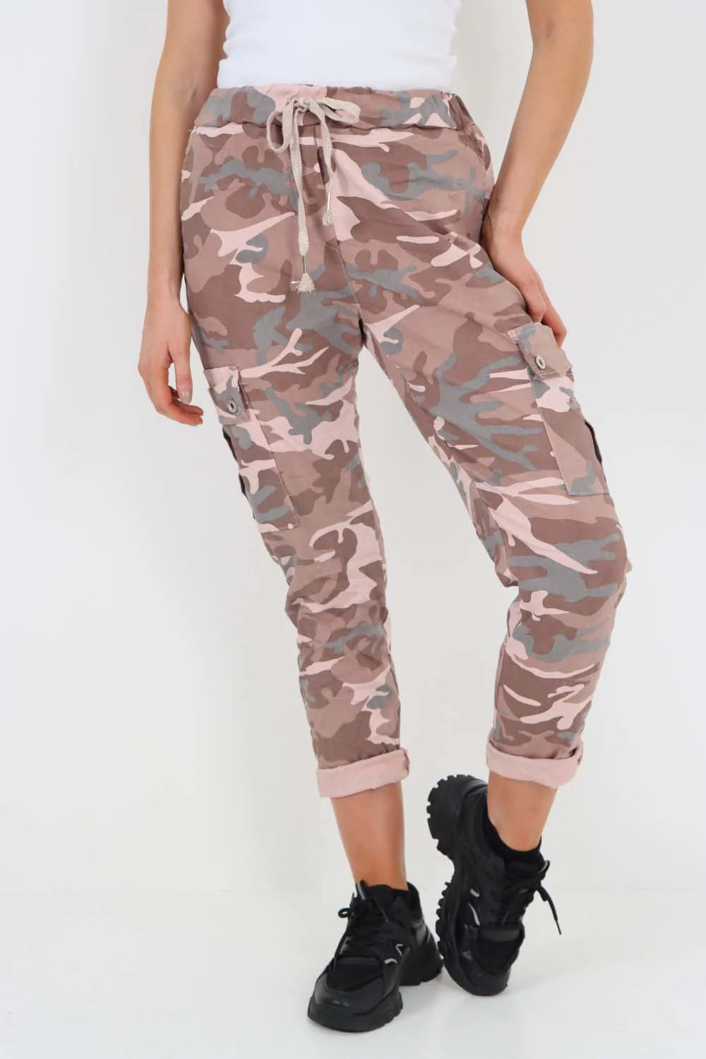 Italian Drawstring Camo Side Pockets Cargo Trousers - Pink