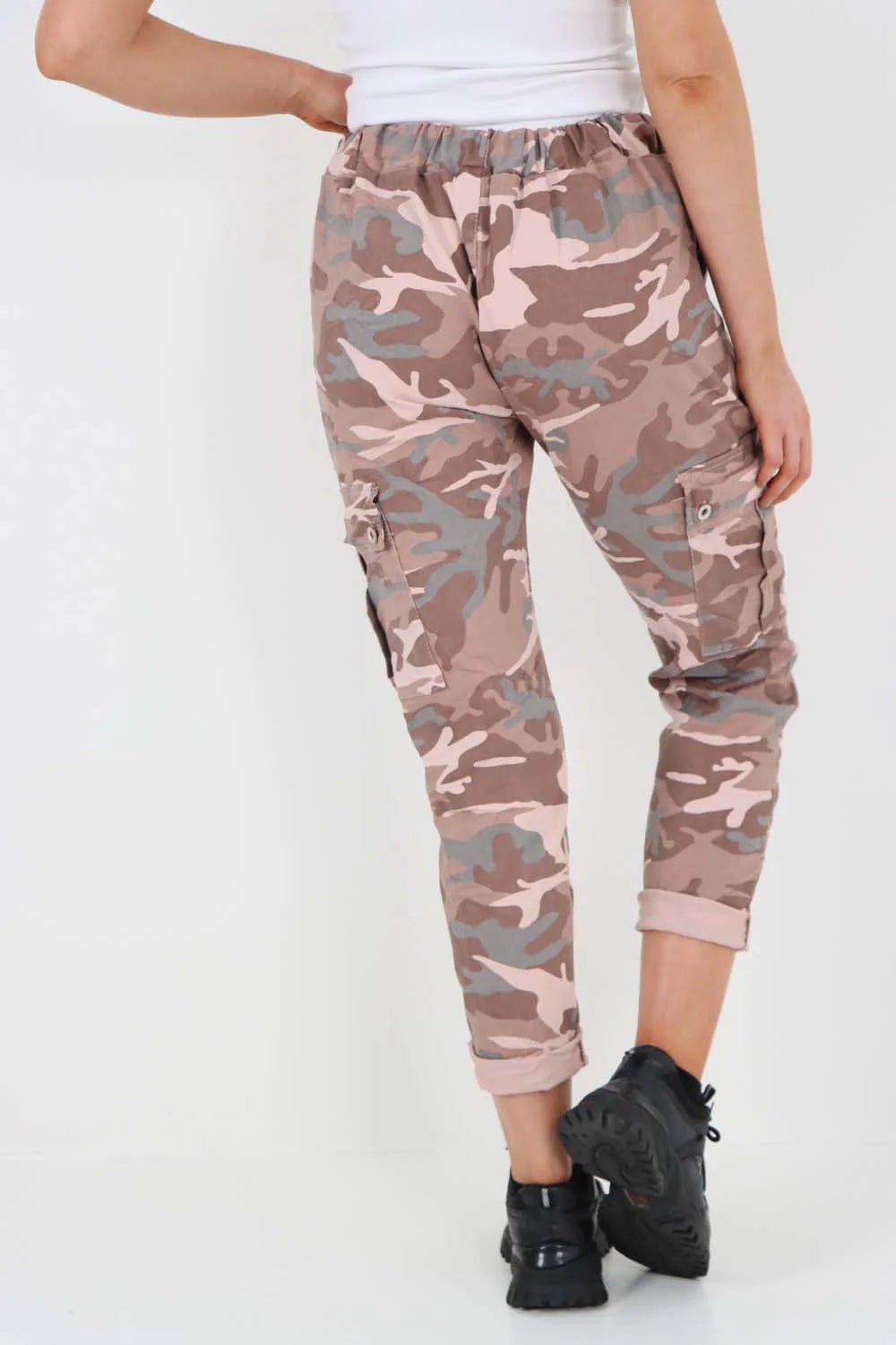 Italian Drawstring Camo Side Pockets Cargo Trousers - Pink