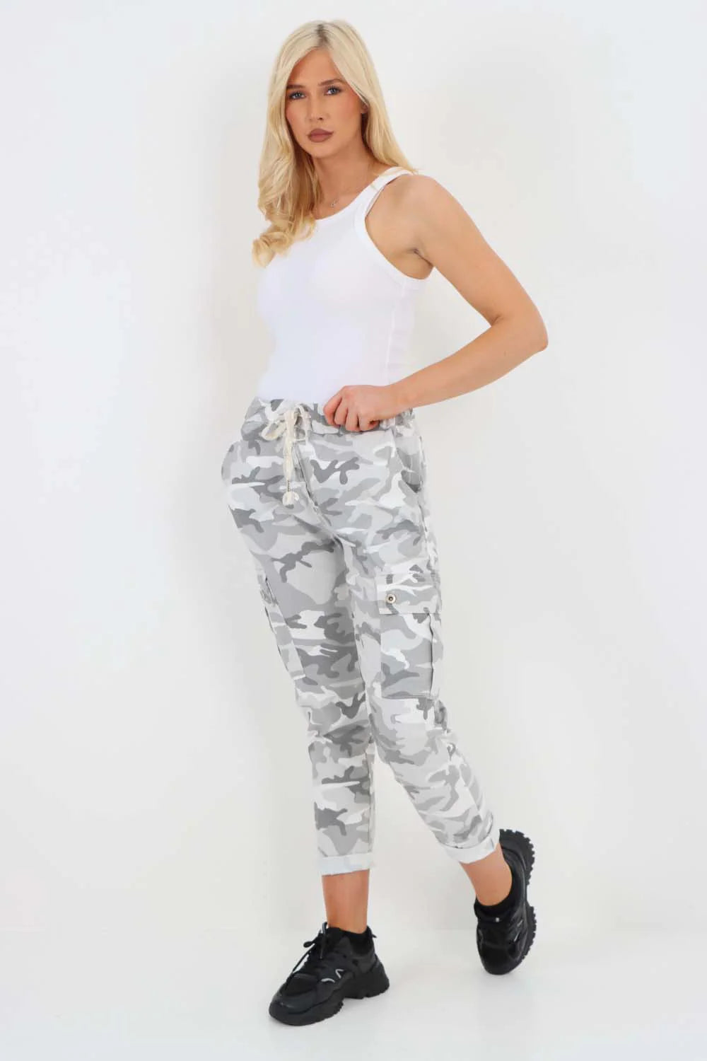 Italian Drawstring Camo Side Pockets Cargo Trousers - White