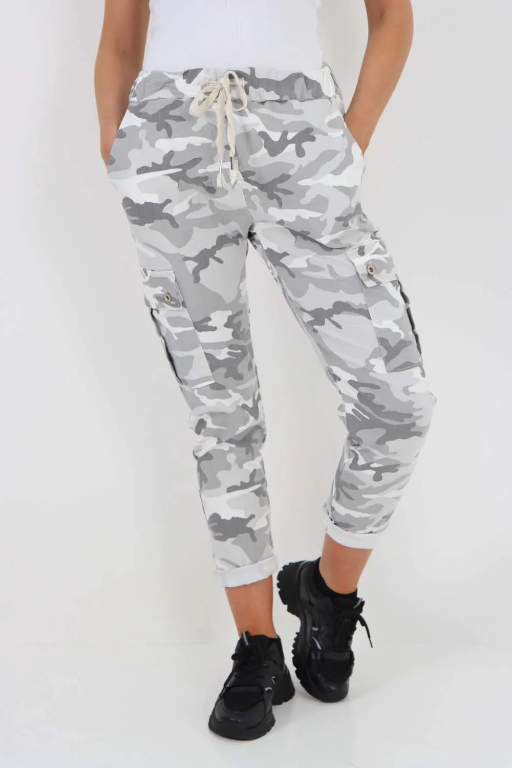 Italian Drawstring Camo Side Pockets Cargo Trousers - White