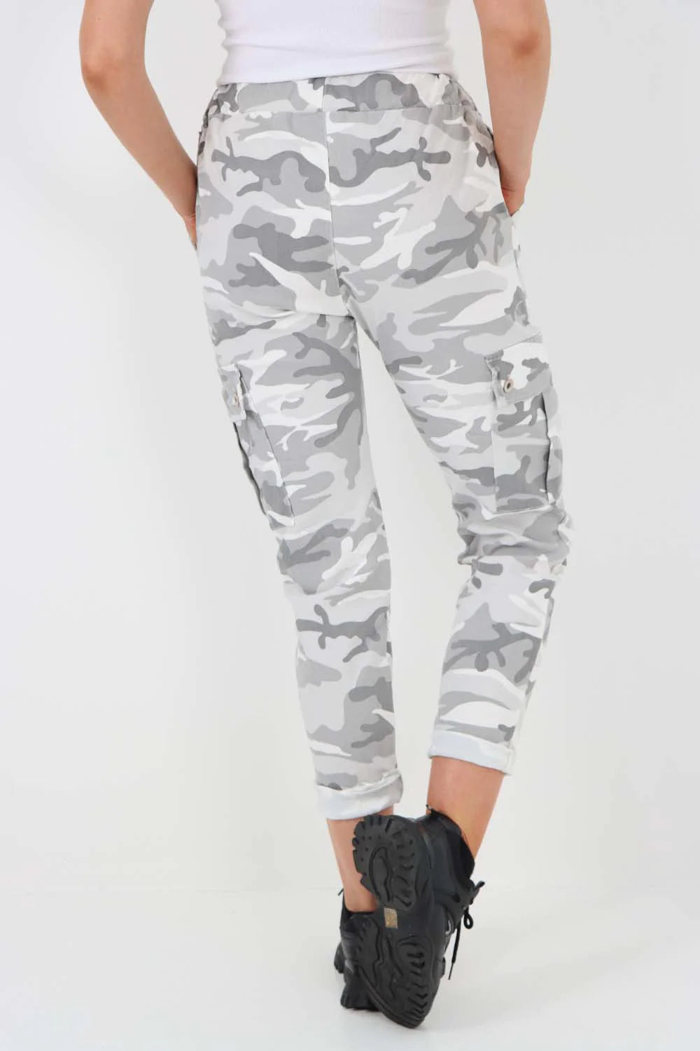 Italian Drawstring Camo Side Pockets Cargo Trousers - White