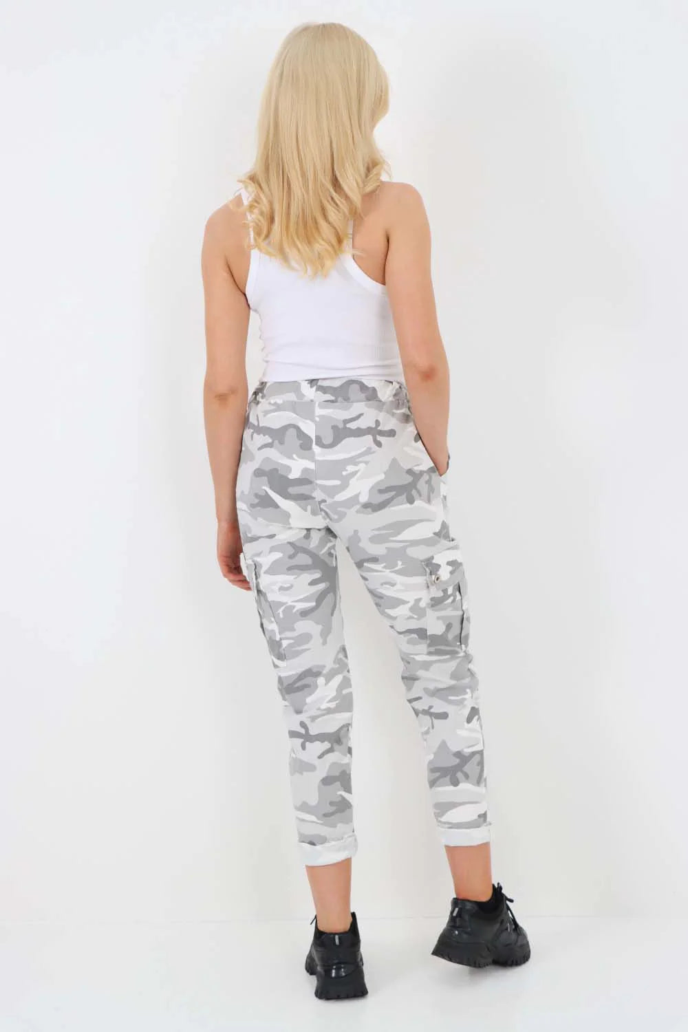 Italian Drawstring Camo Side Pockets Cargo Trousers - White