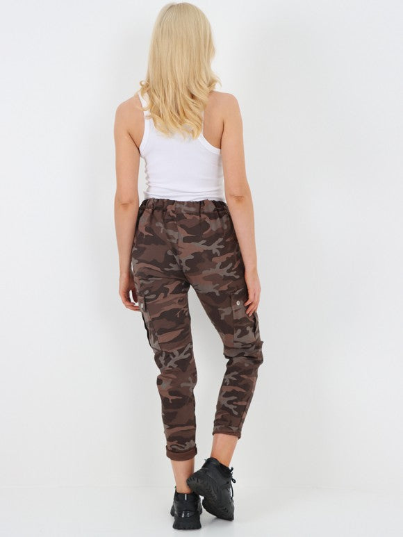 Italian Camouflage Cargo Elasticated Magic Trousers - Chocolate