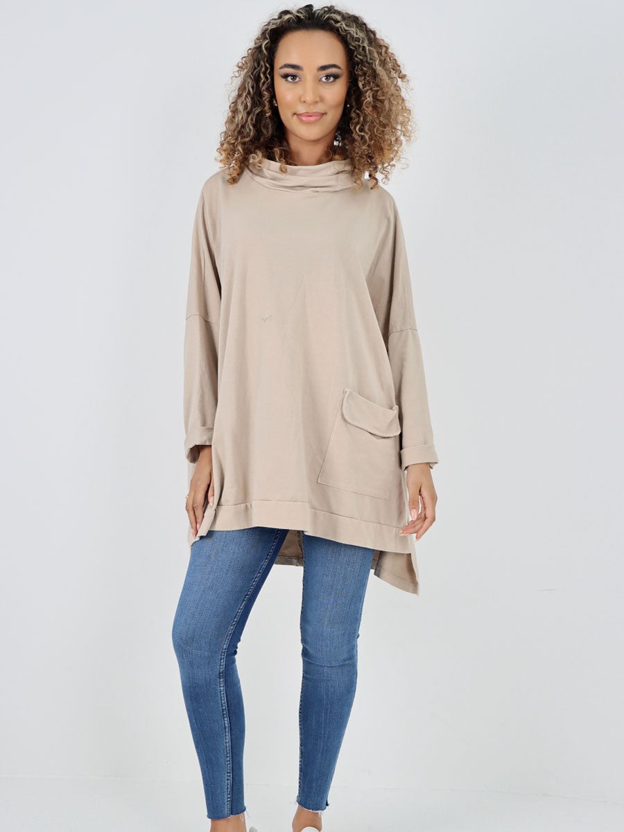 Italian Cowl Neck Flap Over Pocket High Low Top - Beige