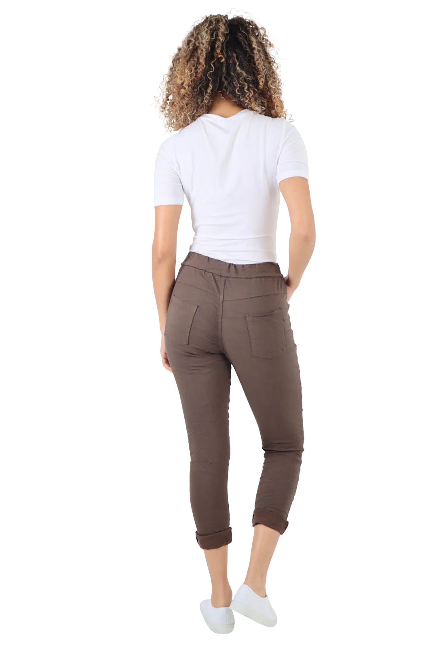 Crushed Drawstring Back Pocket Magic Pants - Brown