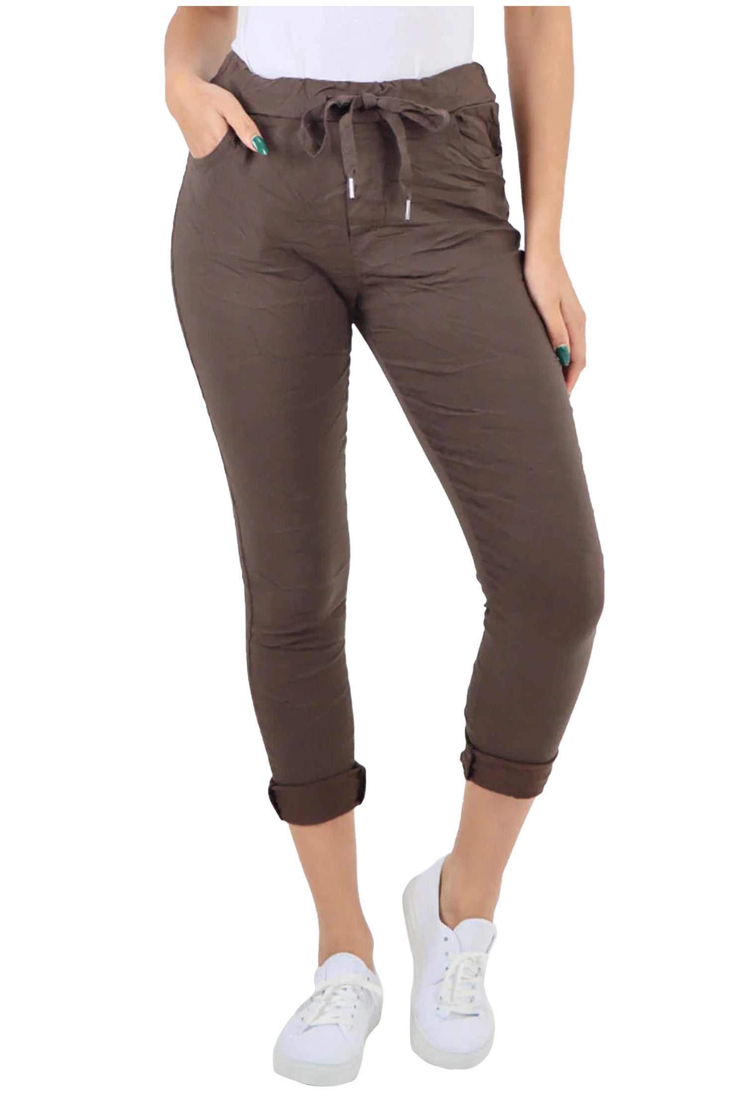 Crushed Drawstring Back Pocket Magic Pants - Brown