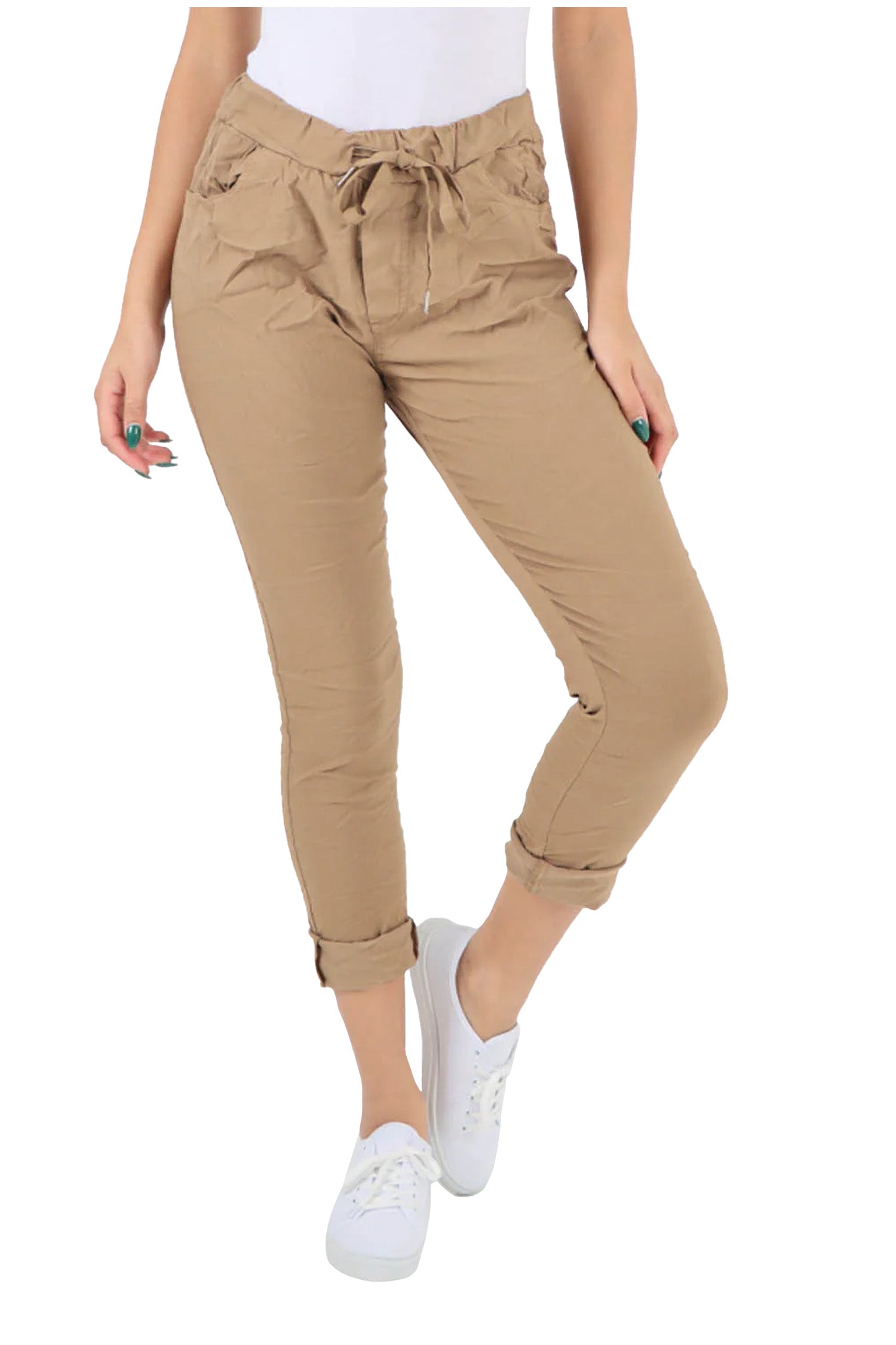 Crushed Drawstring Back Pocket Magic Pants - Camel