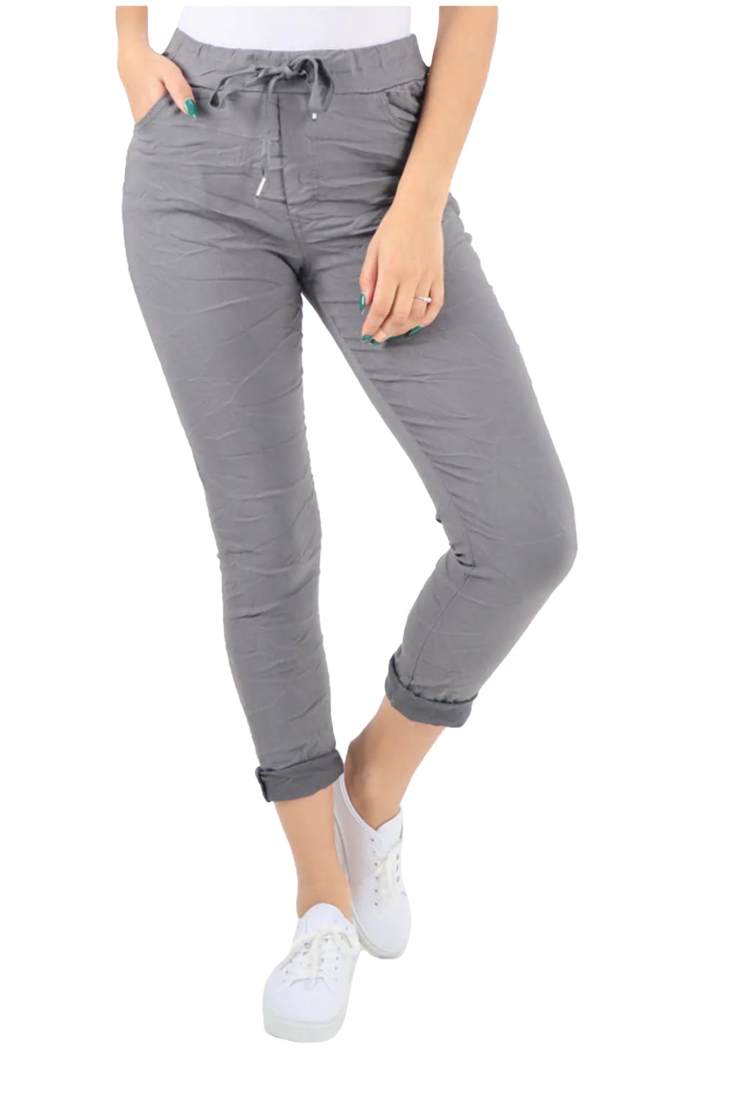 Crushed Drawstring Back Pocket Magic Pants - Grey