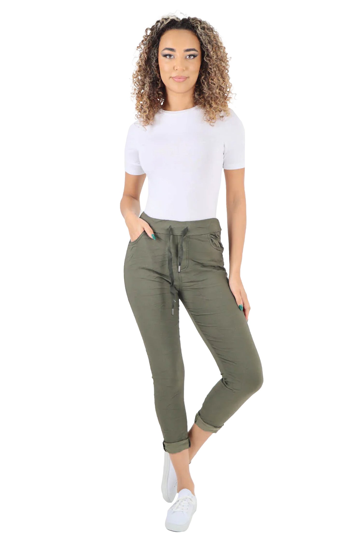 Crushed Drawstring Back Pocket Magic Pants - Khaki