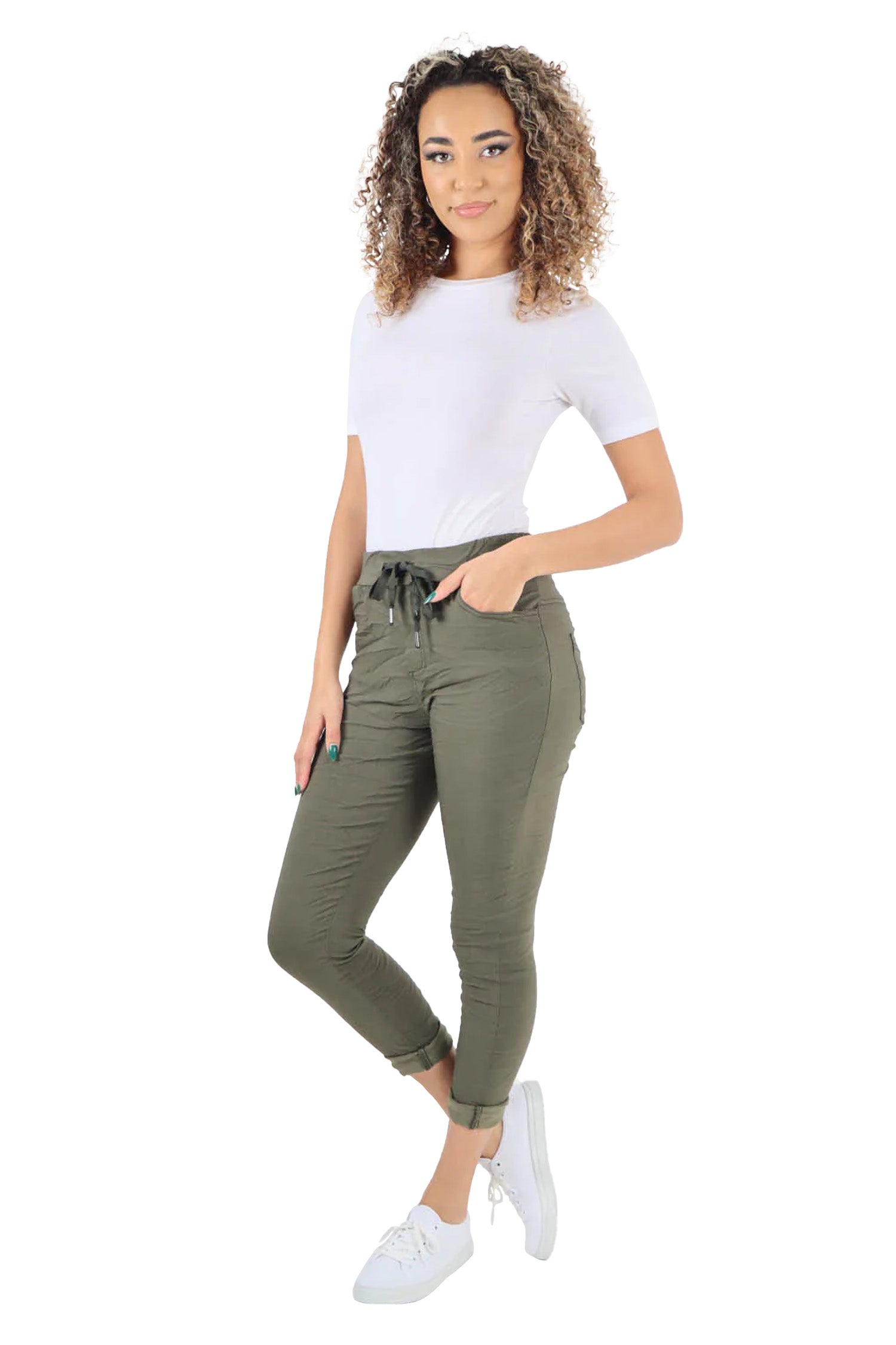 Crushed Drawstring Back Pocket Magic Pants - Khaki