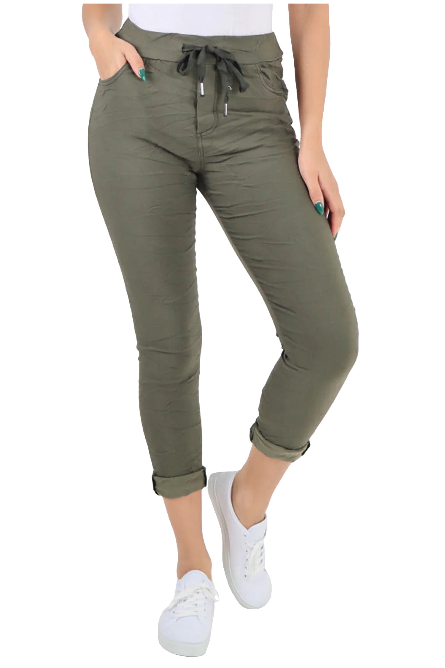 Crushed Drawstring Back Pocket Magic Pants - Khaki