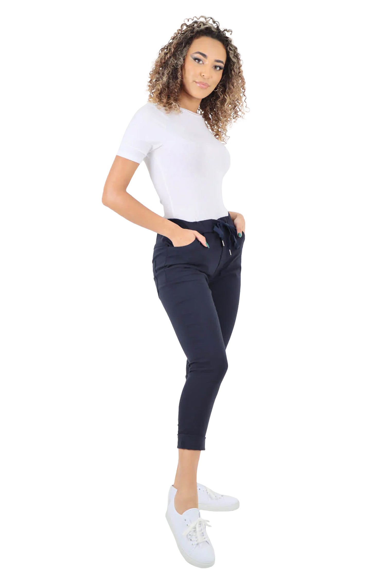 Crushed Drawstring Back Pocket Magic Pants - Navy Blue