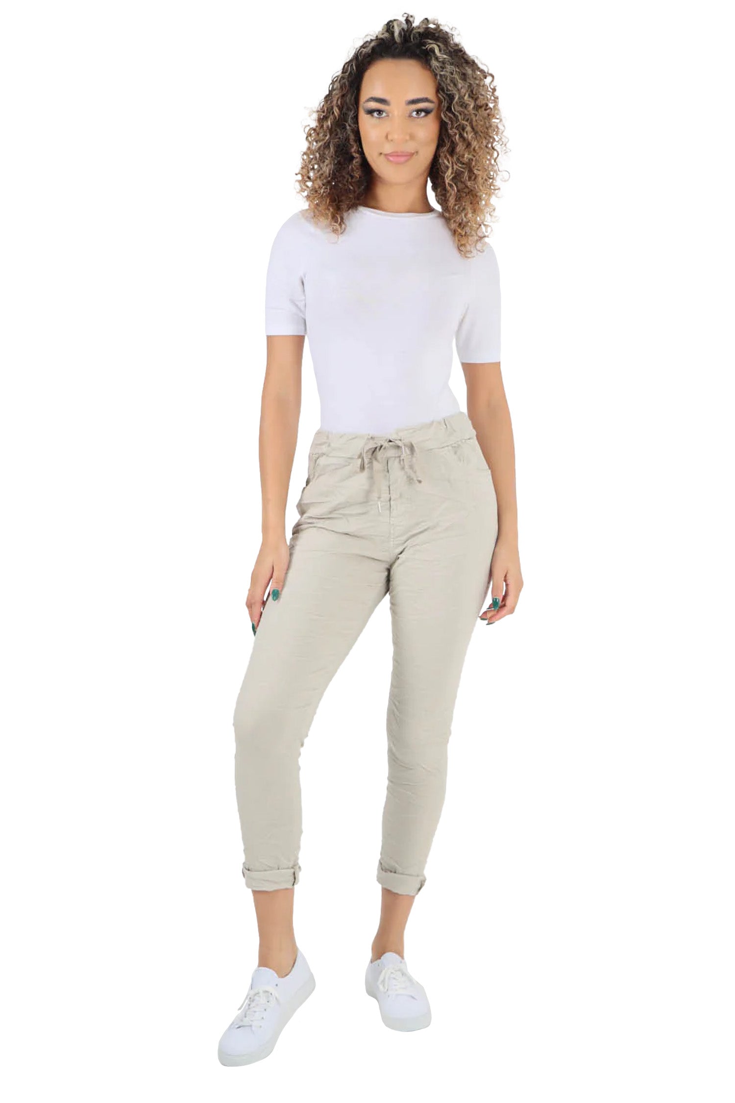 Crushed Drawstring Back Pocket Magic Pants - Nude