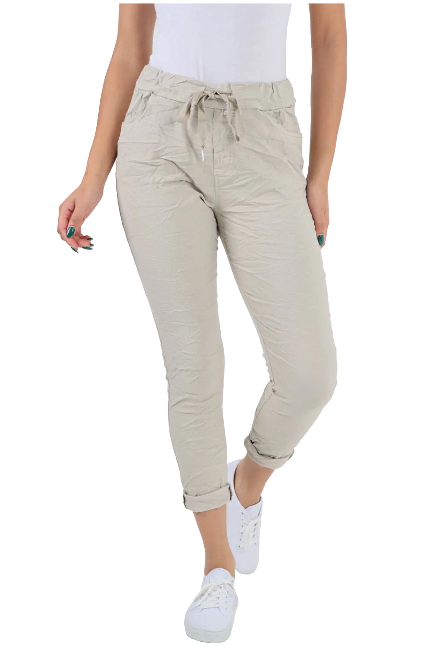 Crushed Drawstring Back Pocket Magic Pants - Nude