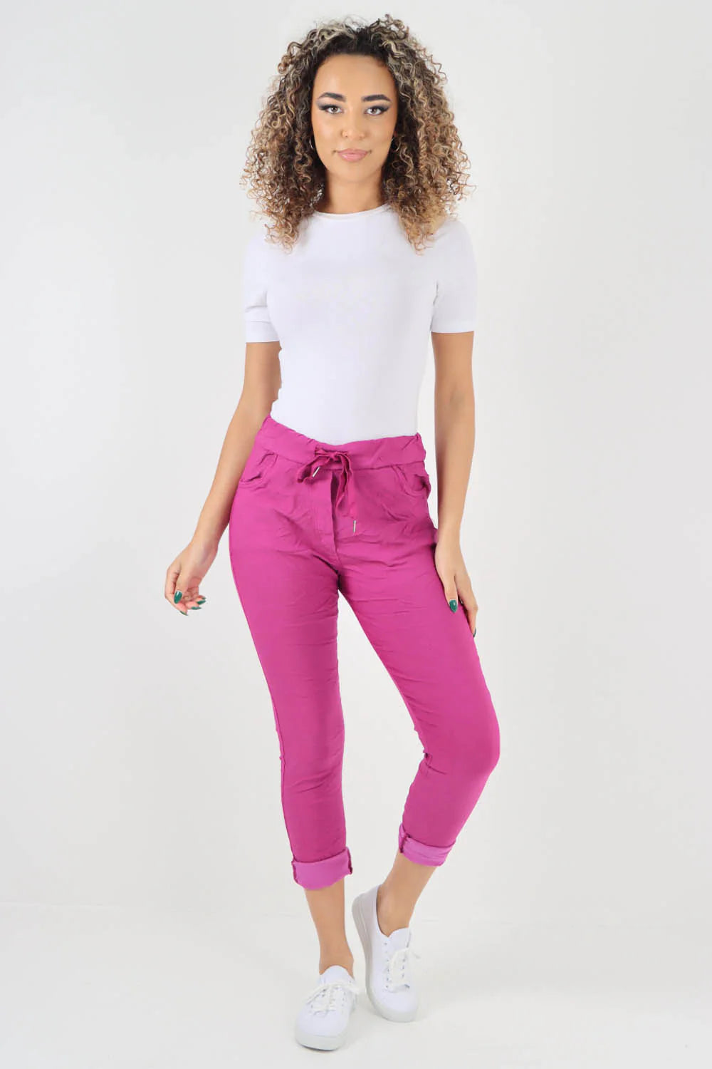 Crushed Drawstring Back Pocket Magic Pants - Pink