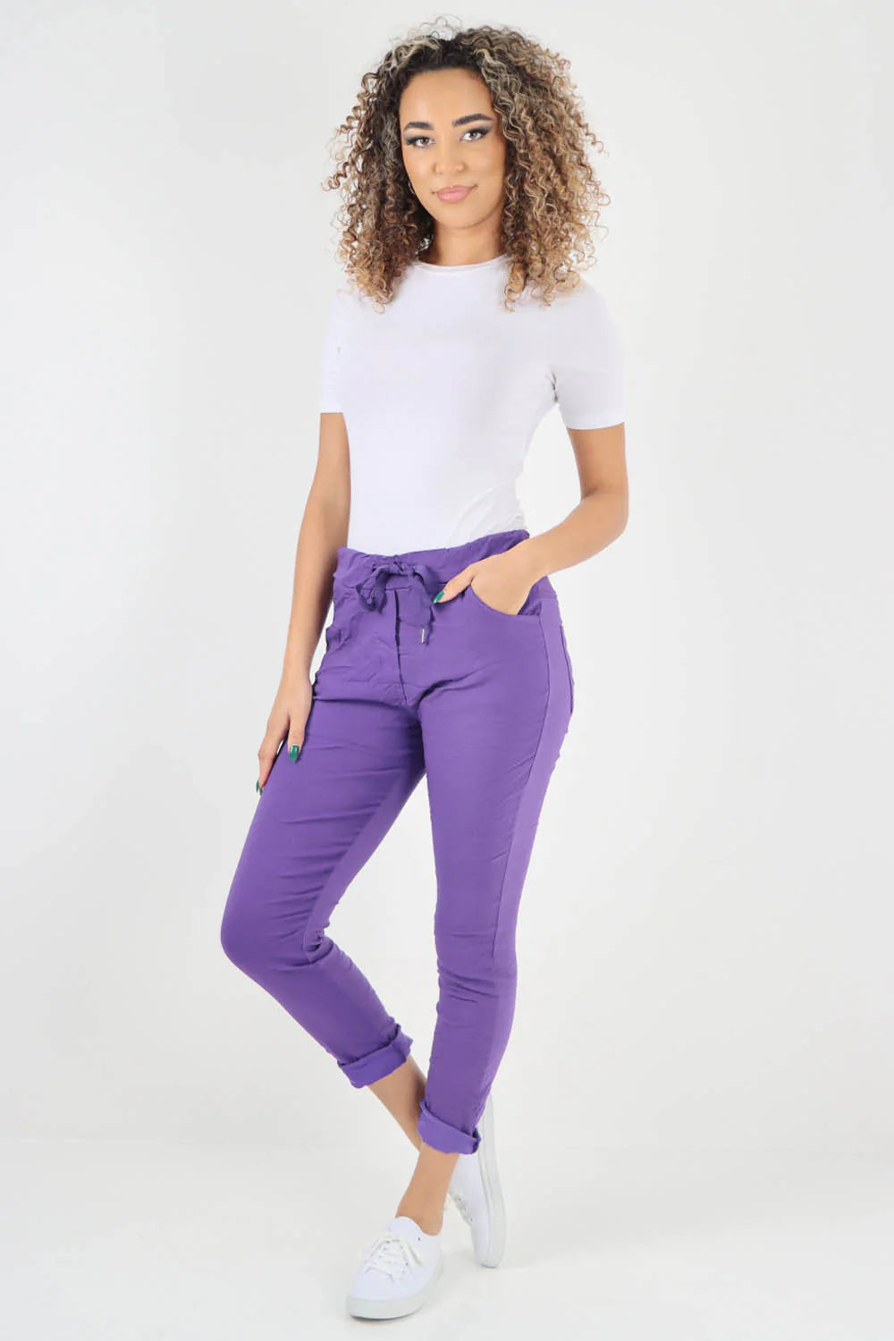 Crushed Drawstring Back Pocket Magic Pants - Purple