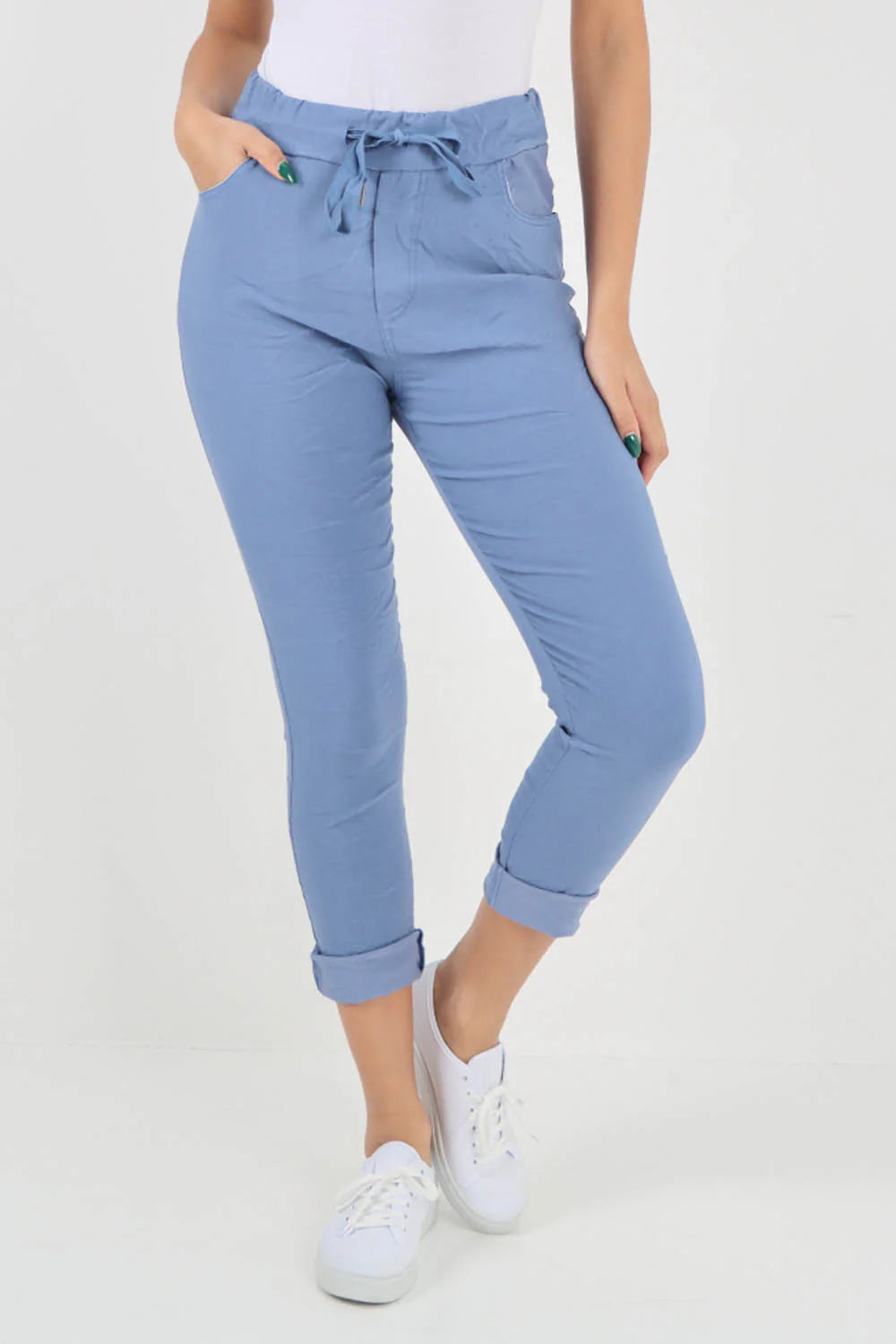 Crushed Drawstring Back Pocket Magic Pants - Sky Blue