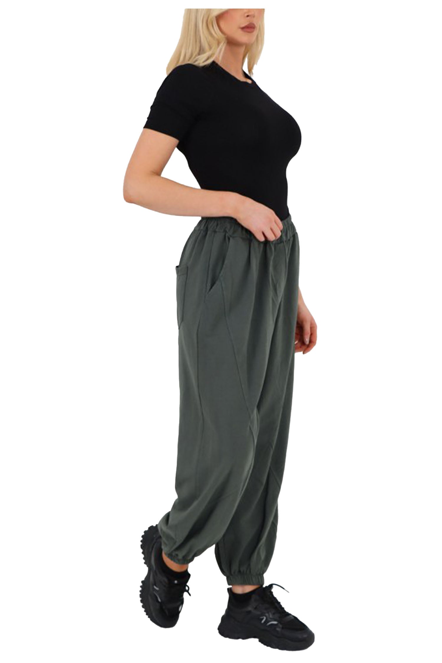 Italian Cuffed Harem Style Cotton Trousers - Army Green