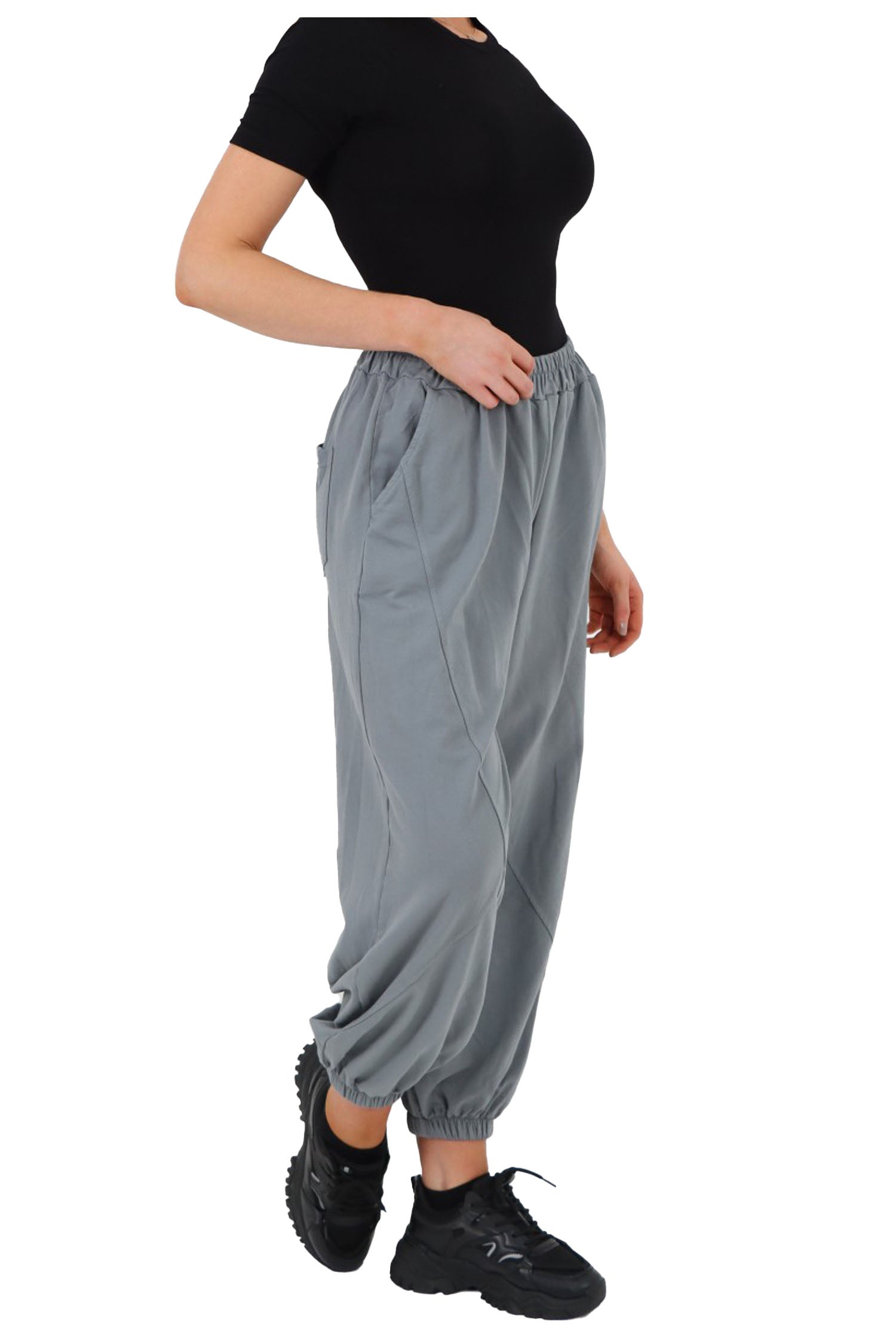 Italian Cuffed Harem Style Cotton Trousers - Grey