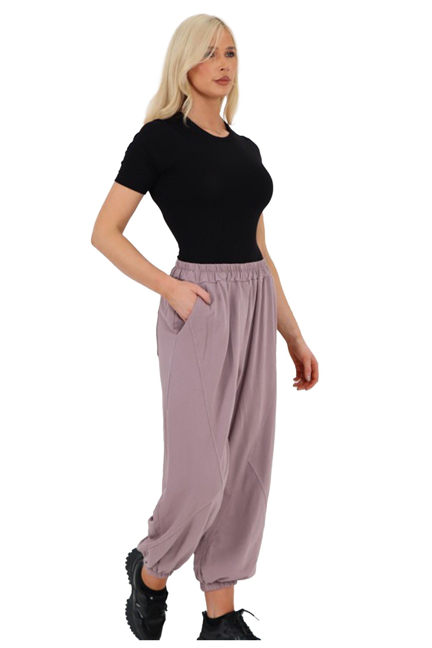 Italian Cuffed Harem Style Cotton Trousers - Tea Pink