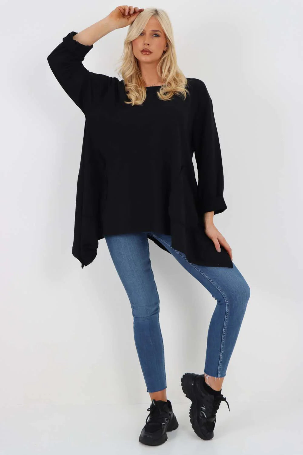 Italian Diagonal Pockets Cotton Tunic Top - Black