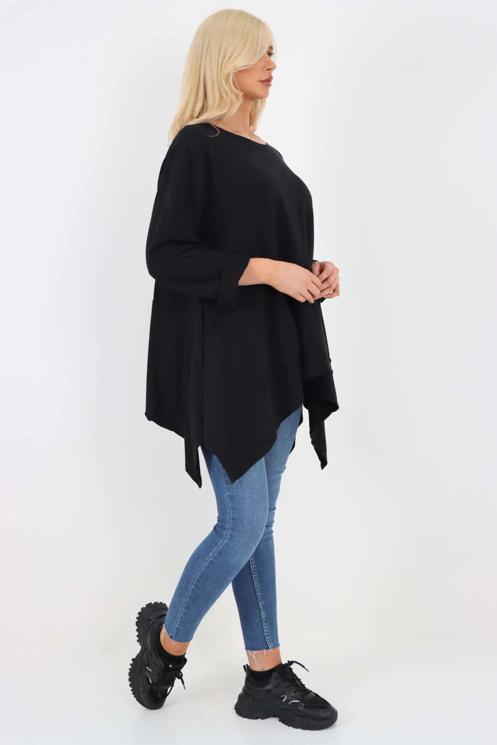 Italian Diagonal Pockets Cotton Tunic Top - Black