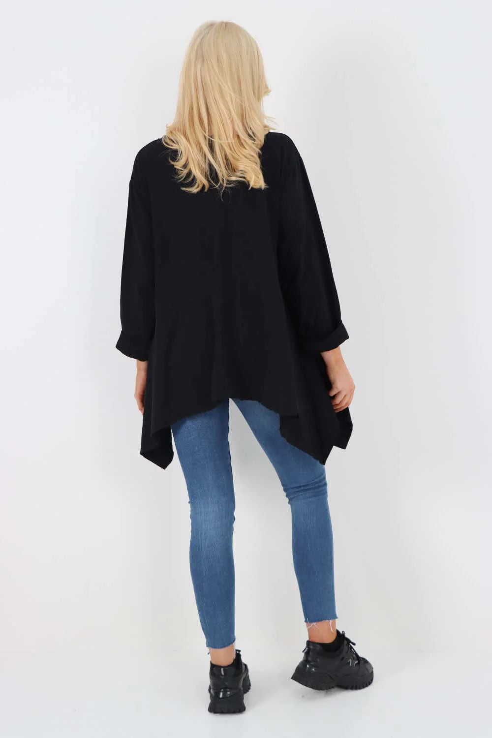 Italian Diagonal Pockets Cotton Tunic Top - Black