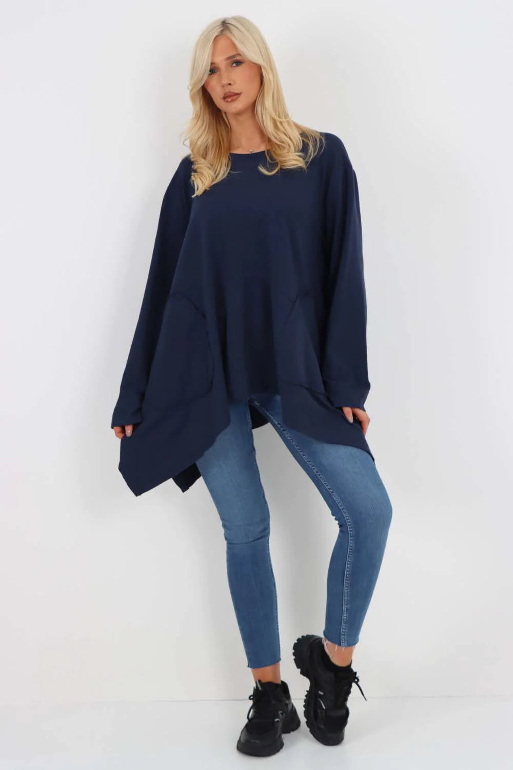 Italian Diagonal Pockets Cotton Tunic Top - Blue